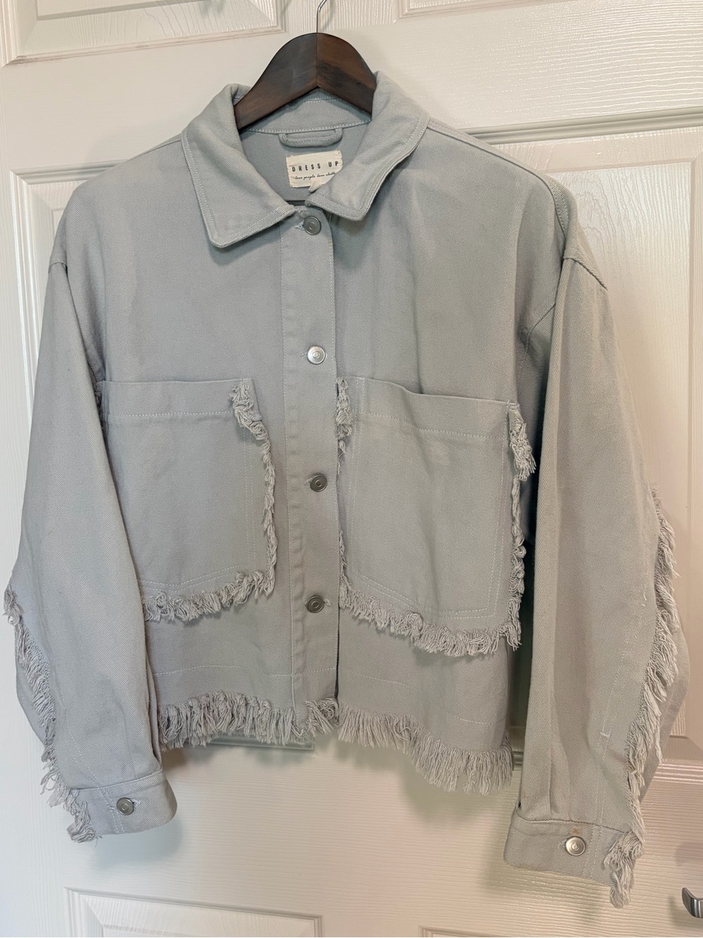 Boxy oversized cropped gray denim jacket with fringe buttons Boho southwestern - Picture 3 of 9